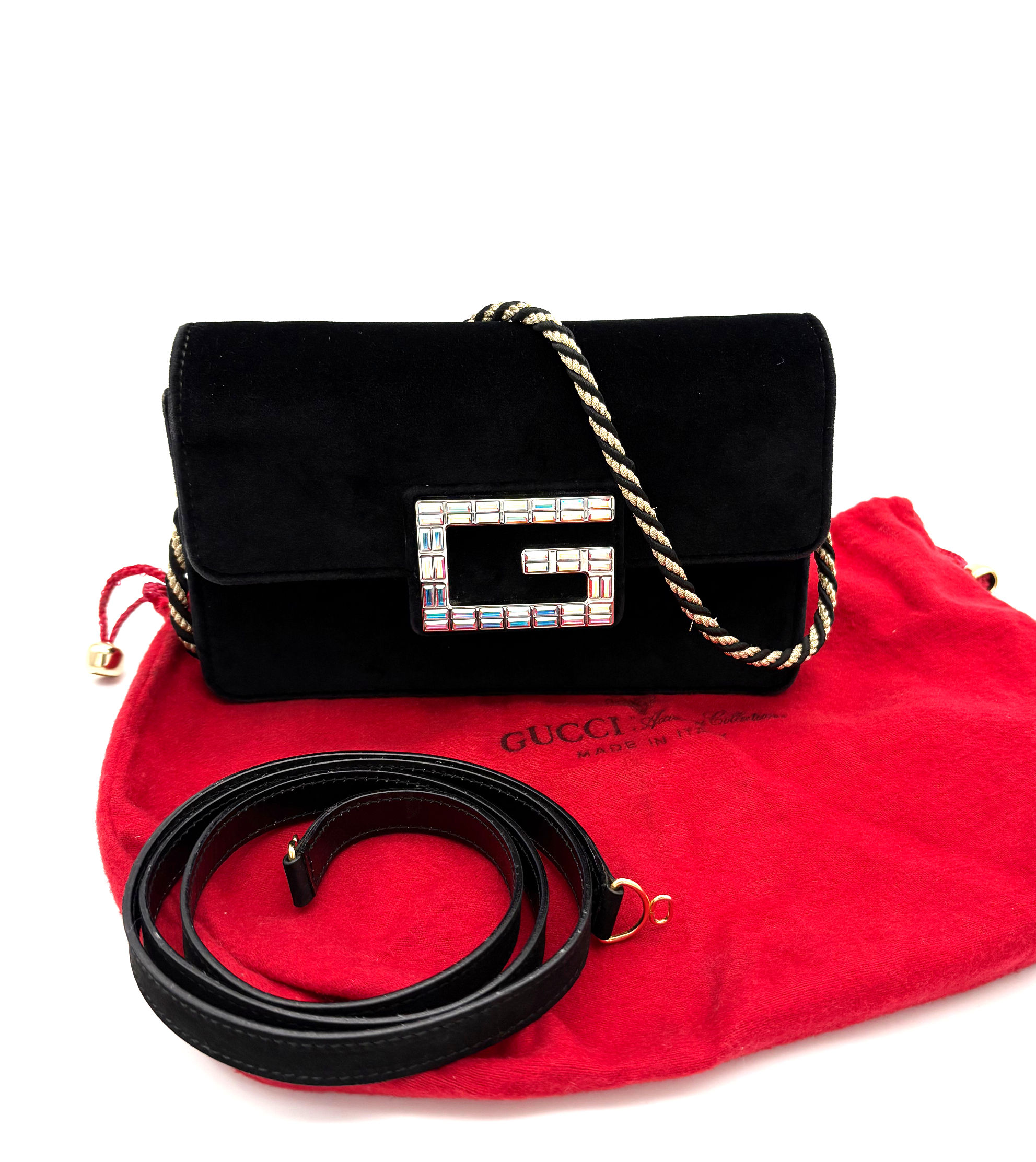 Gucci Velvet Broadway Crystal G Shoulder Bag Black (SHW)