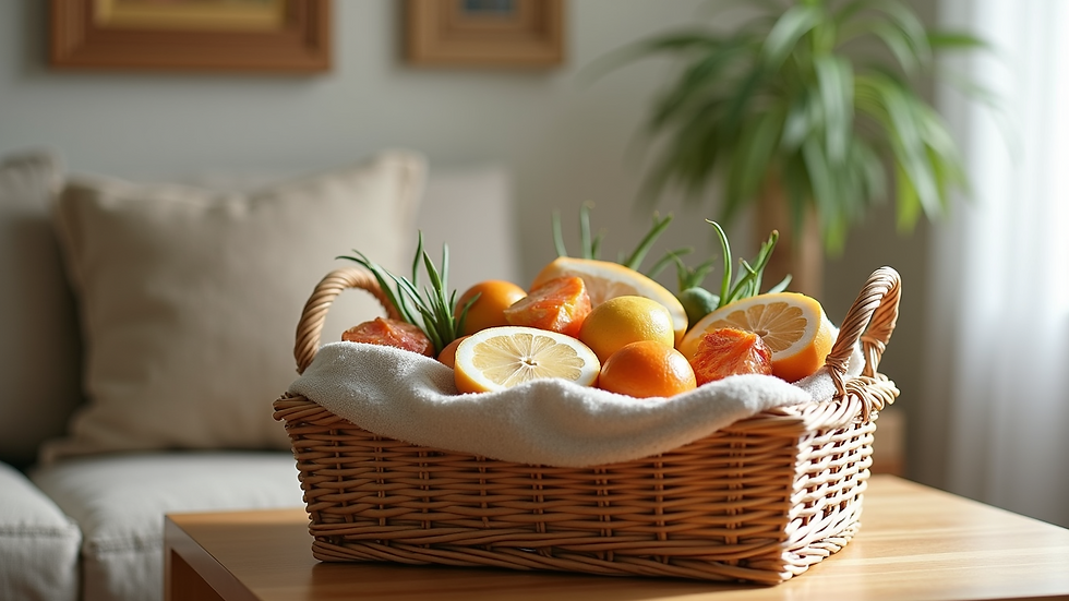 Close-up view of a neatly arranged welcome basket for vacation rental guests