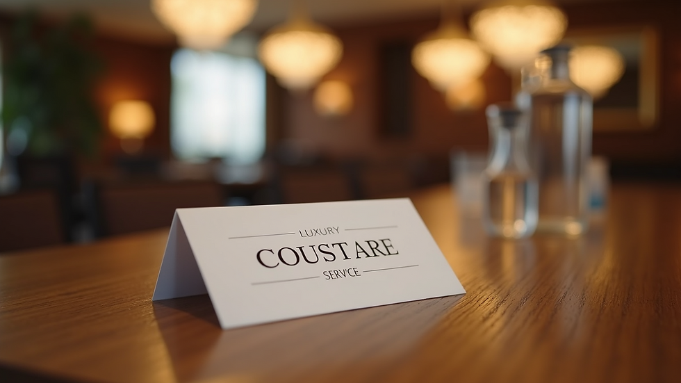 Close-up view of a luxury concierge service card on a wooden table