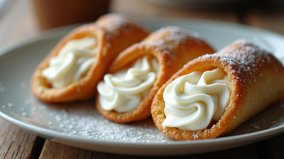 Close-up view of a plate with traditional Italian cannoli filled with ricotta cream