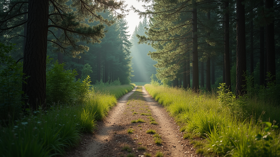 Wide angle view of a tranquil forest path