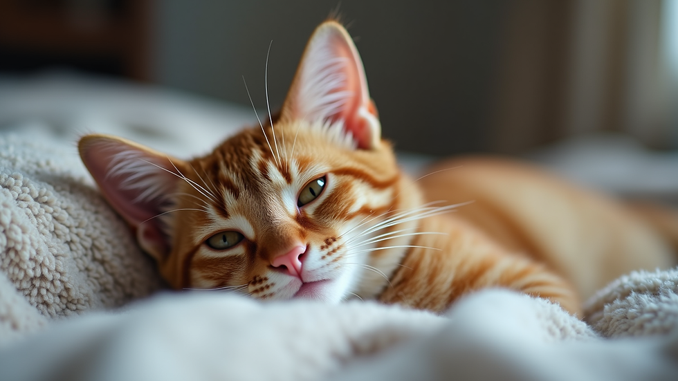 Close-up view of a cat resting comfortably on a soft blanket