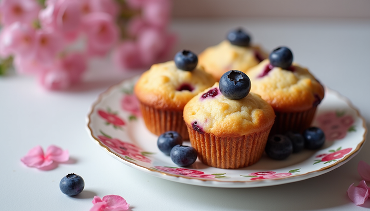 Eye-level view of colorful mini berry muffins arranged on a spring-themed plate