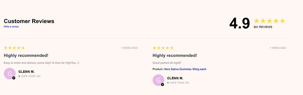 Customer reviews page showing a 4.9-star rating from 801 reviews. Two reviews praise service and Hero Sativa Gummies, posted a week ago.