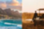 Cape Town adn Safari, Split image: Left shows a coastal town with mountains and ocean waves at sunset. Right depicts a safari setting with a person watching elephants.