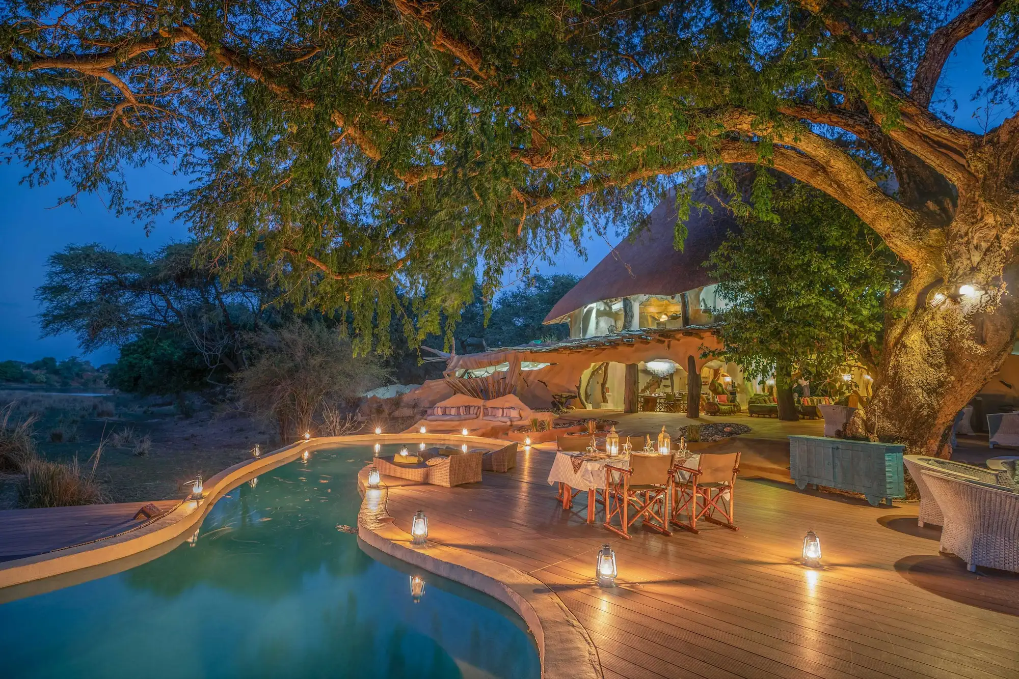 Luxurious guest pool and lounging area overlooking the Chongwe River