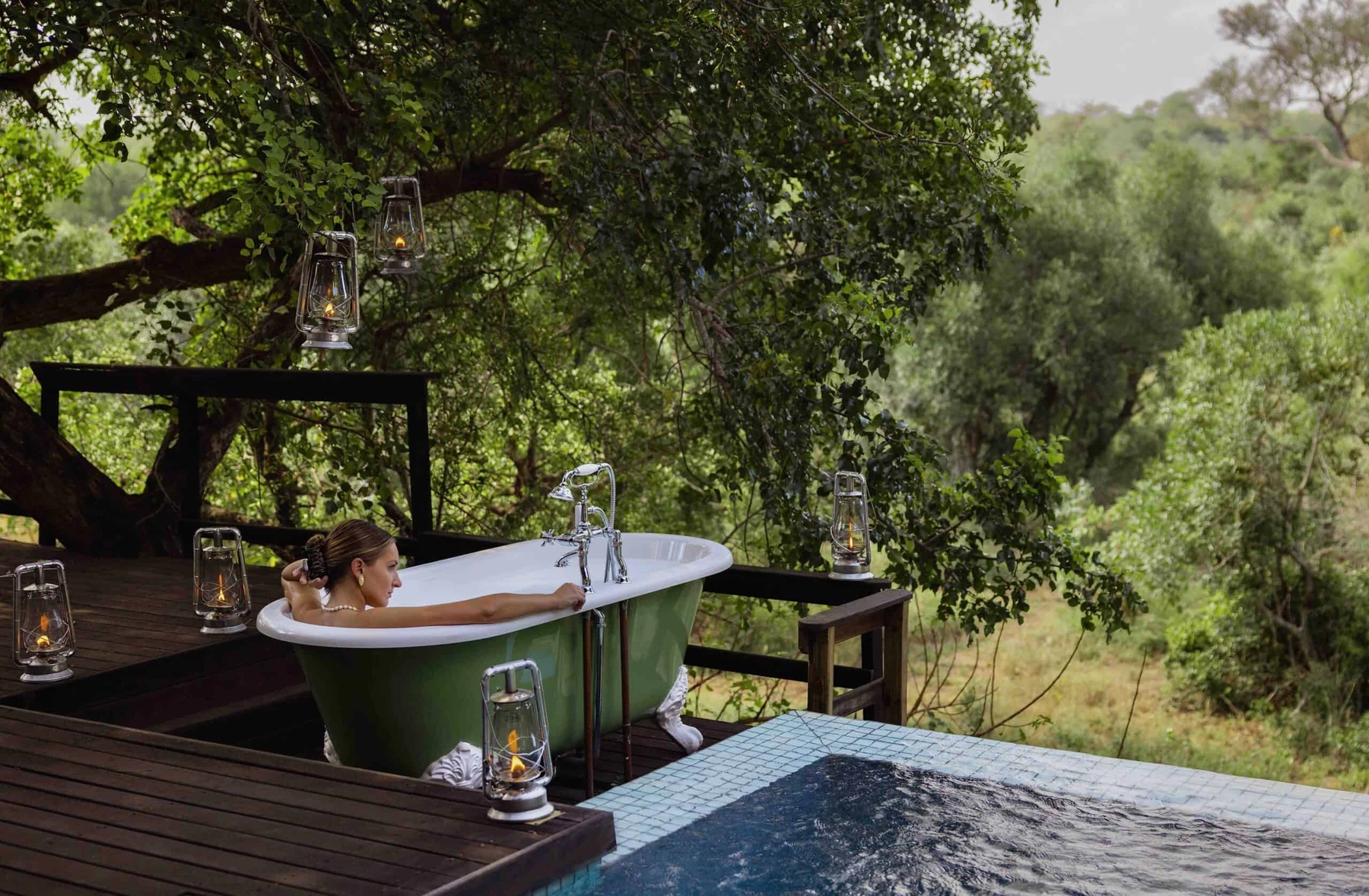 Female in Outdoor bathtub on Safari
