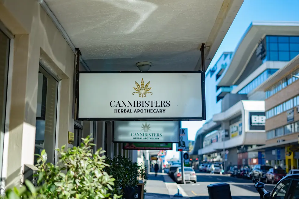 Cannibisters Herbal Apothecary sign outside a cannabis members’ lounge on Regent Road in Sea Point, Cape Town.