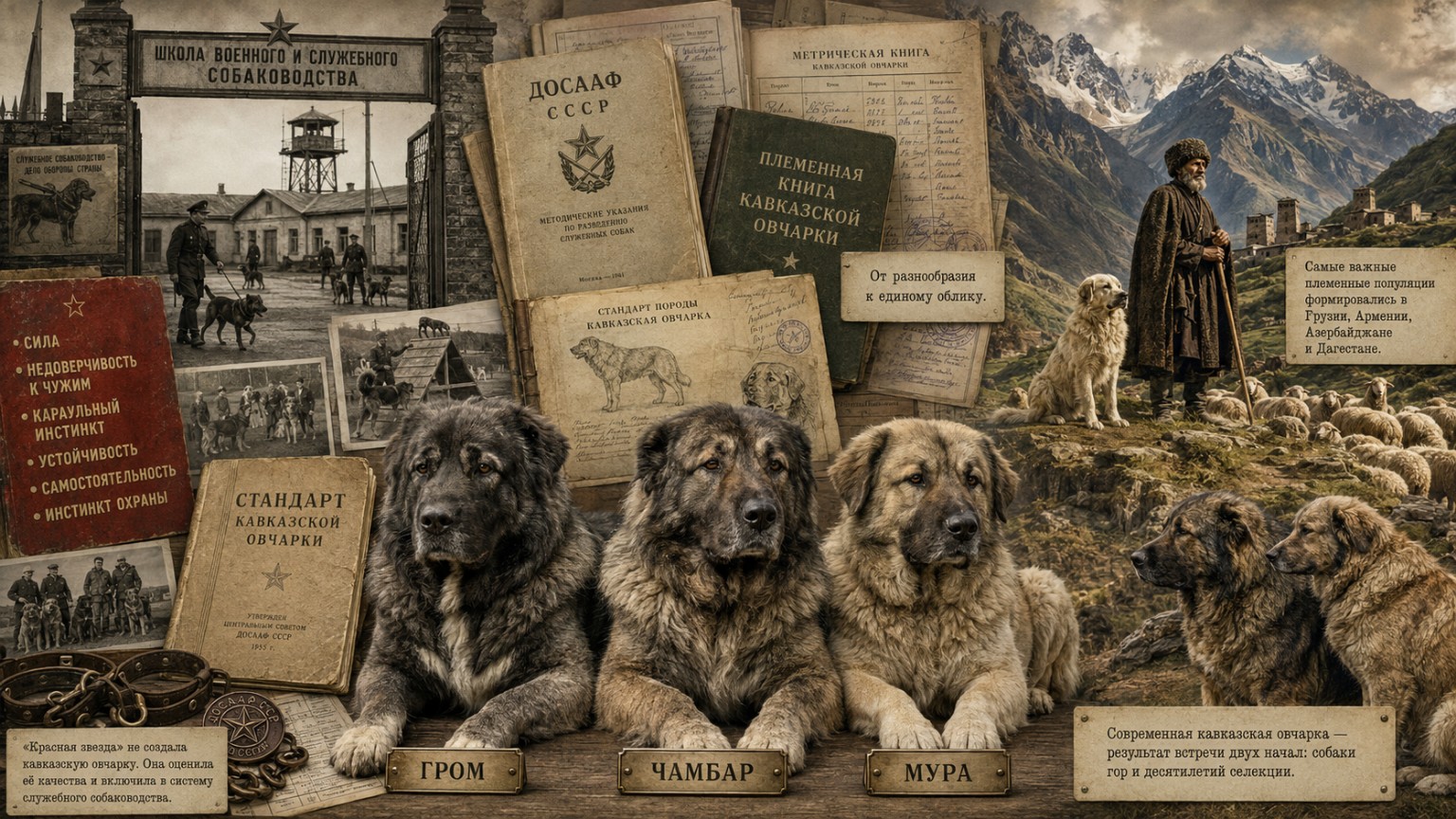 Historical collage illustrating Soviet selection of the Caucasian Shepherd Dog, with Grom, Chambar and Mura, Soviet kennel documents and the Caucasus mountains.