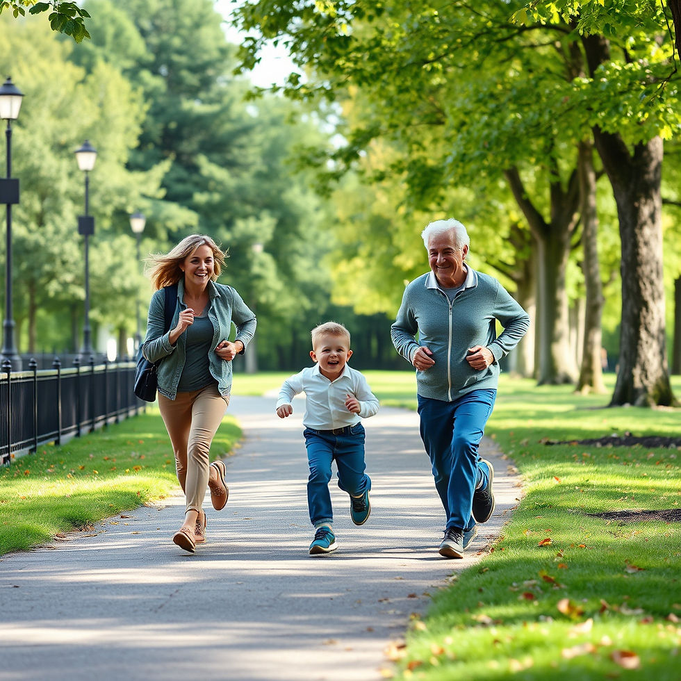 grandparent is active and runs with his daughter and grandson