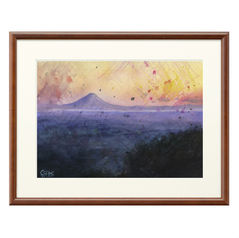 「夕暮れの高台」夕暮れの山の水彩画