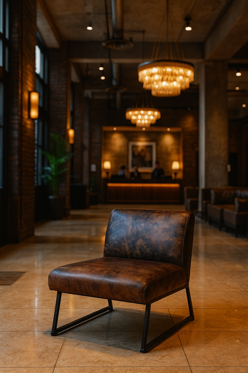 Lobby industriale elegante con poltrona