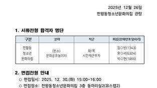 2026년 천왕동청소년문화의집 본소 시간제근무자 서류전형 합격자 안내