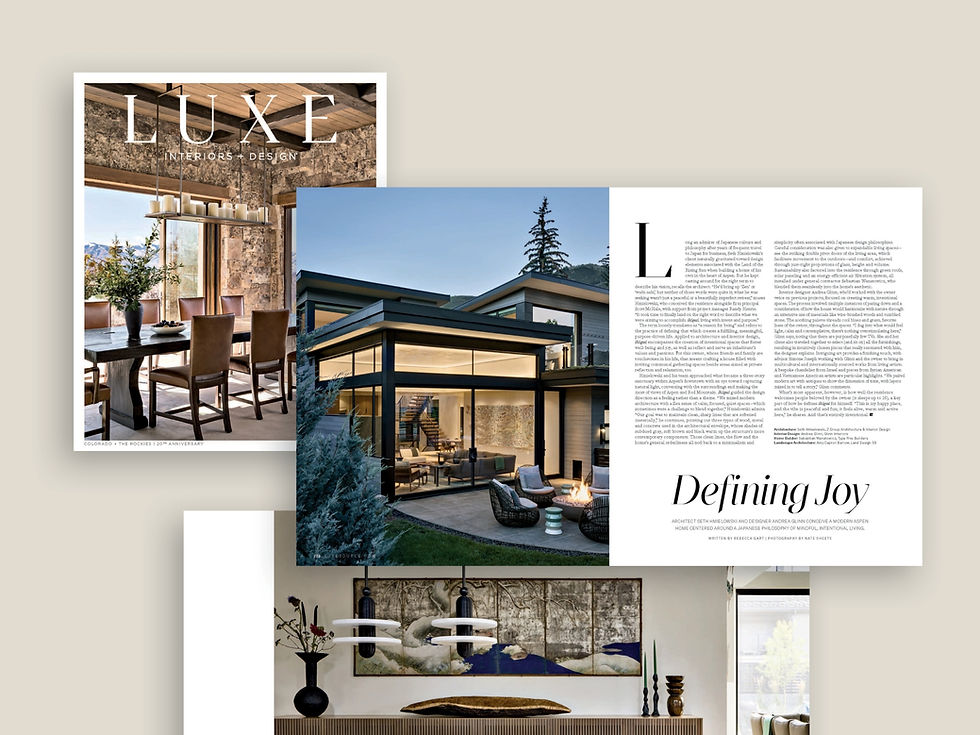 Collage layout of Luxe Interiors + Design magazine spread featuring the Ikigai home project, including exterior, living room, and dining room photography, as seen in the “Designing Joy” article.
