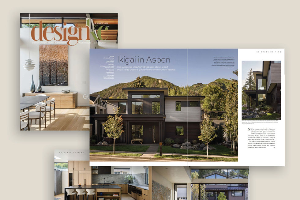 Custom staircase, family room, sculptural lighting, and built-in bunk room in the Ikigai Aspen home.