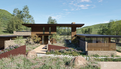 Conceptual rendering of the proposed Lot 2 residence at Brush Creek Ranch, featuring a contemporary mountain home with landscaped entry courtyard and native planting design.