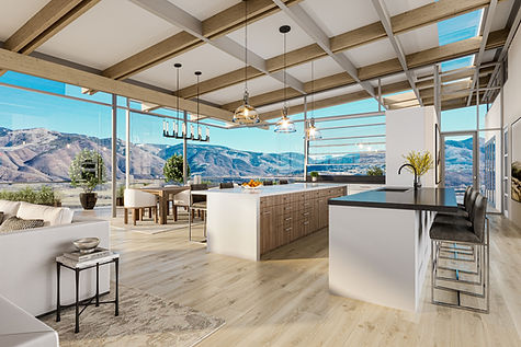 Large window view into the dining room of Shadow Mountain Residence in Aspen, showing contemporary interiors with natural textures, stone walls, and a connection to surrounding evergreens.