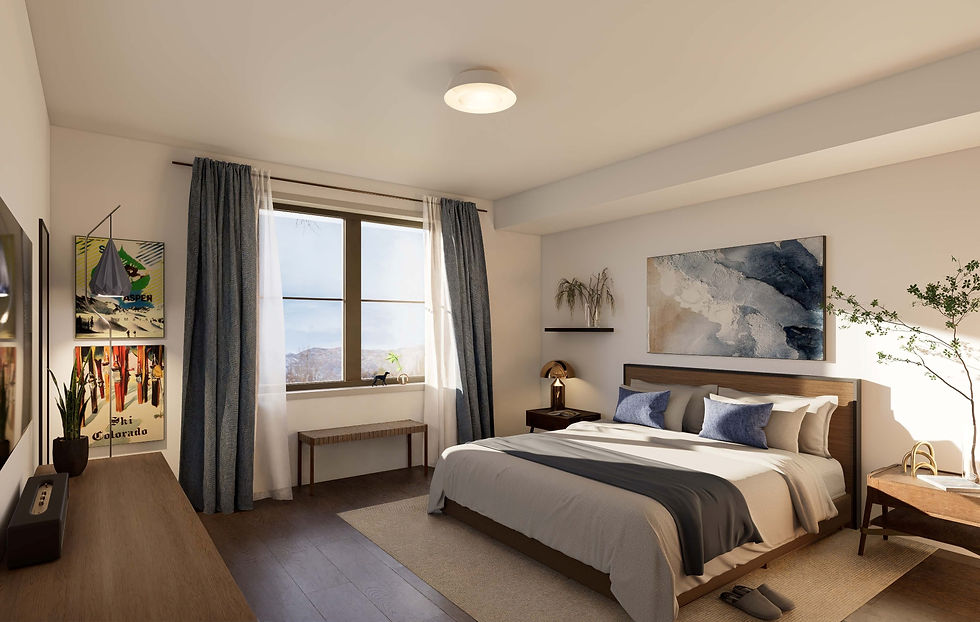 Interior rendering of a modern apartment bedroom at The Midland Residences, featuring a light wood cabinetry, modern art and decor with large windows and mountain views.