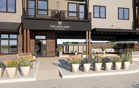 Basalt Center Circle rendering of front exterior, outdoor entrance to The Midland Residences