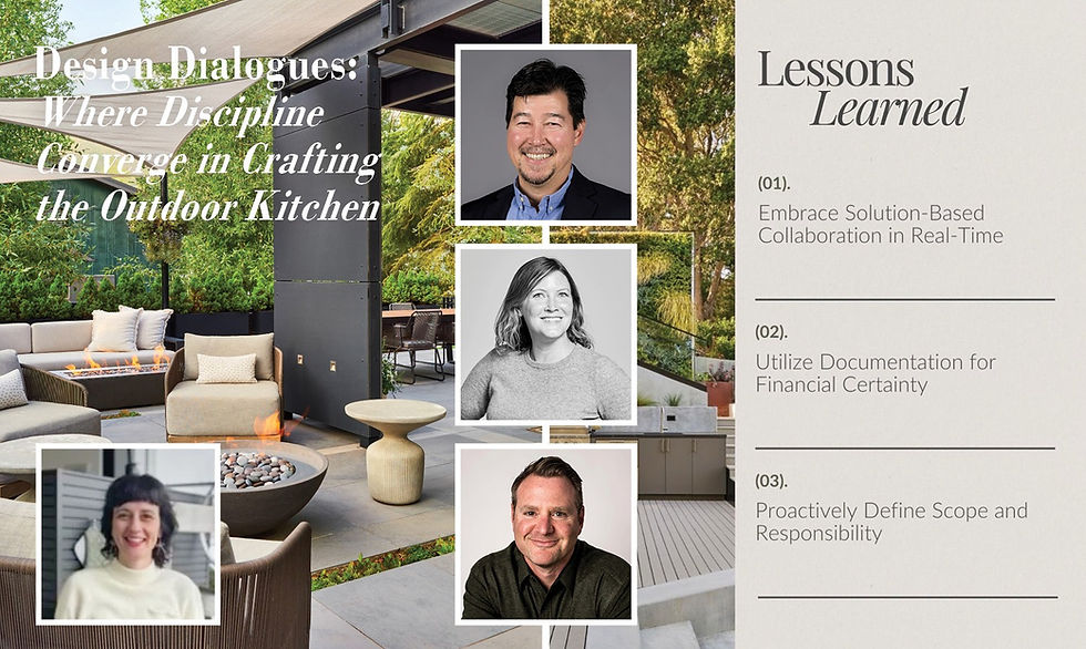 Design Dialogues panel collage featuring Scott McHale and industry leaders discussing outdoor kitchen design, collaboration, and integrated indoor-outdoor living in Aspen Colorado luxury residential architecture