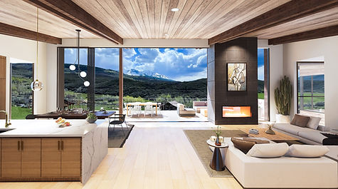 Contemporary home nestled at the base of Shadow Mountain in Aspen, Colorado, illuminated against the twilight sky with its modern glass façade and terraced landscape design.