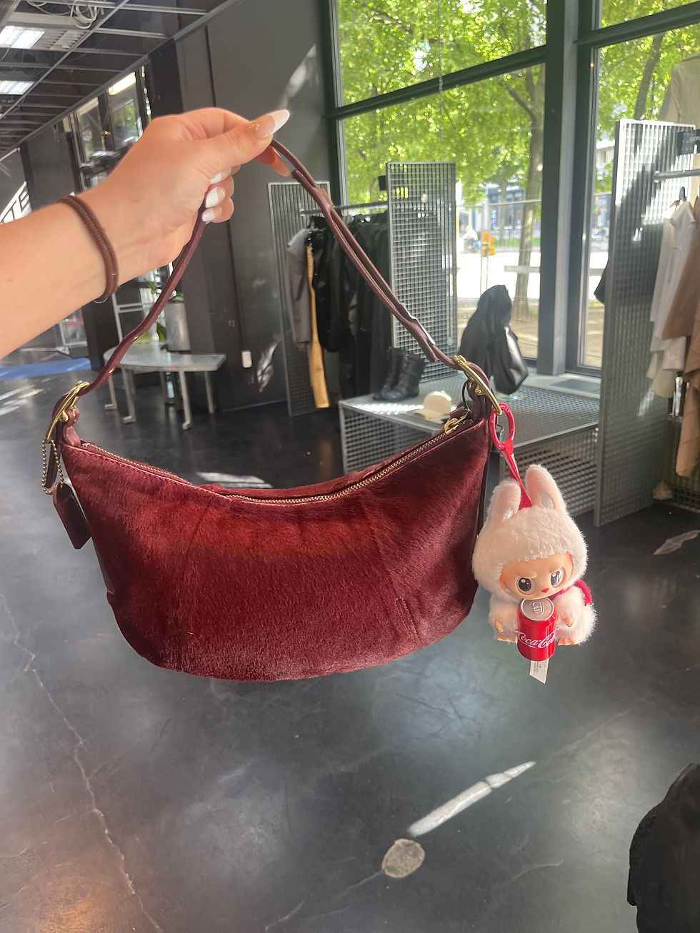 Thumbnail: COACH SOHO PONY HAIR BAG BURGUNDY WITH LABUBU CHARM