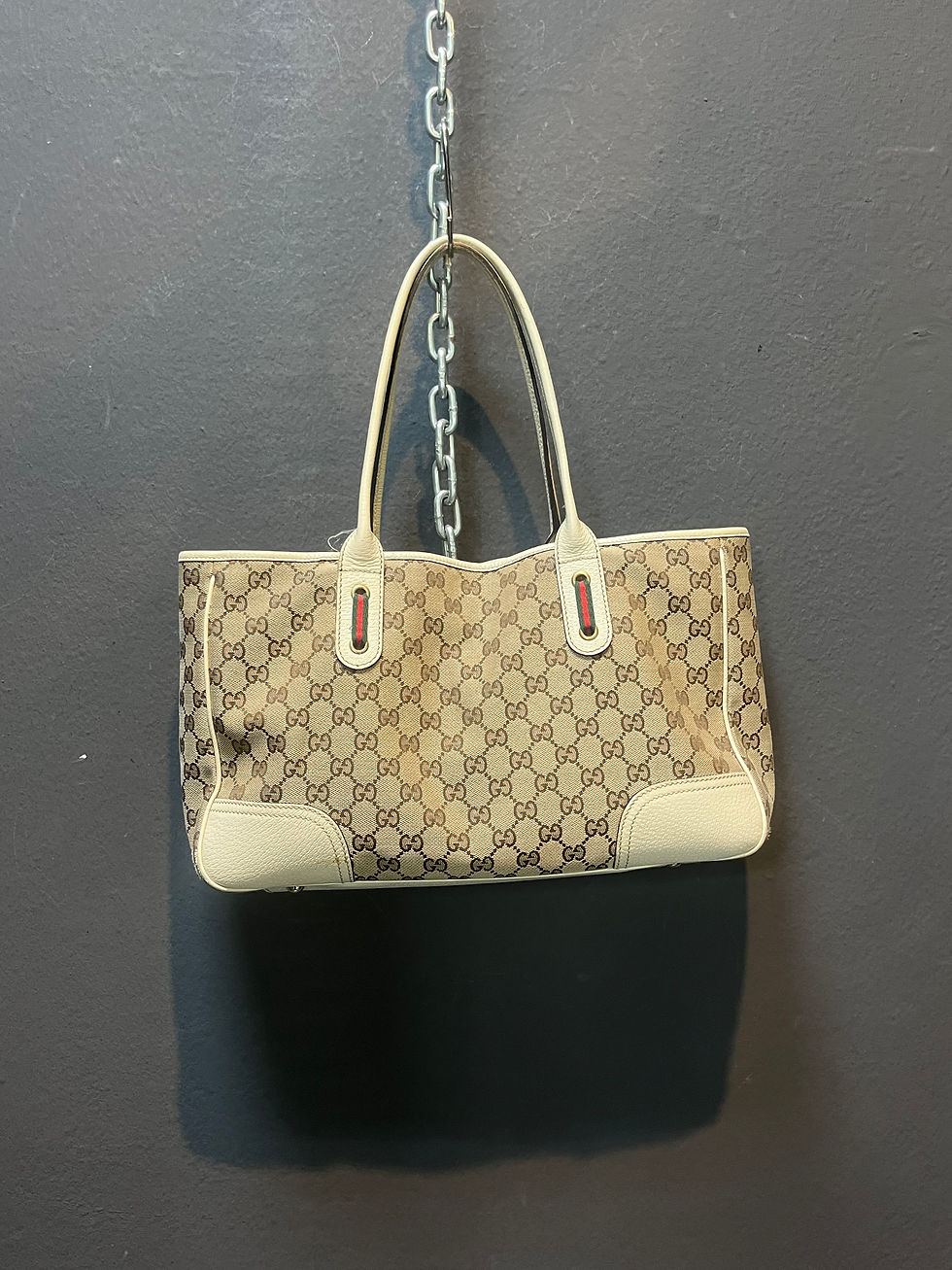 Thumbnail: GUCCI WEB DETAIL TOTE BAG BEIGE WHITE 
