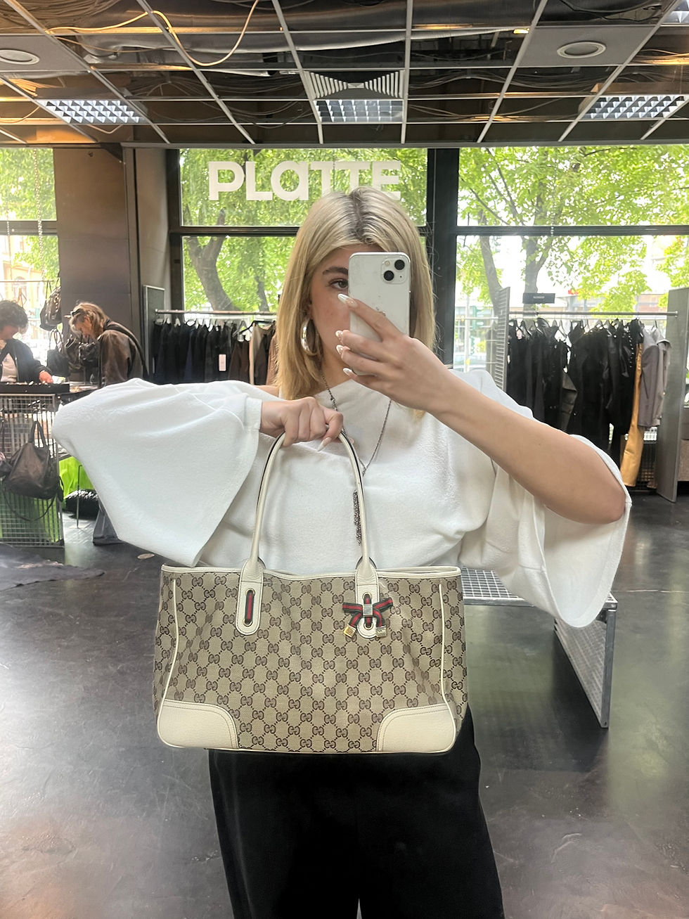 Thumbnail: GUCCI WEB DETAIL TOTE BAG BEIGE WHITE 
