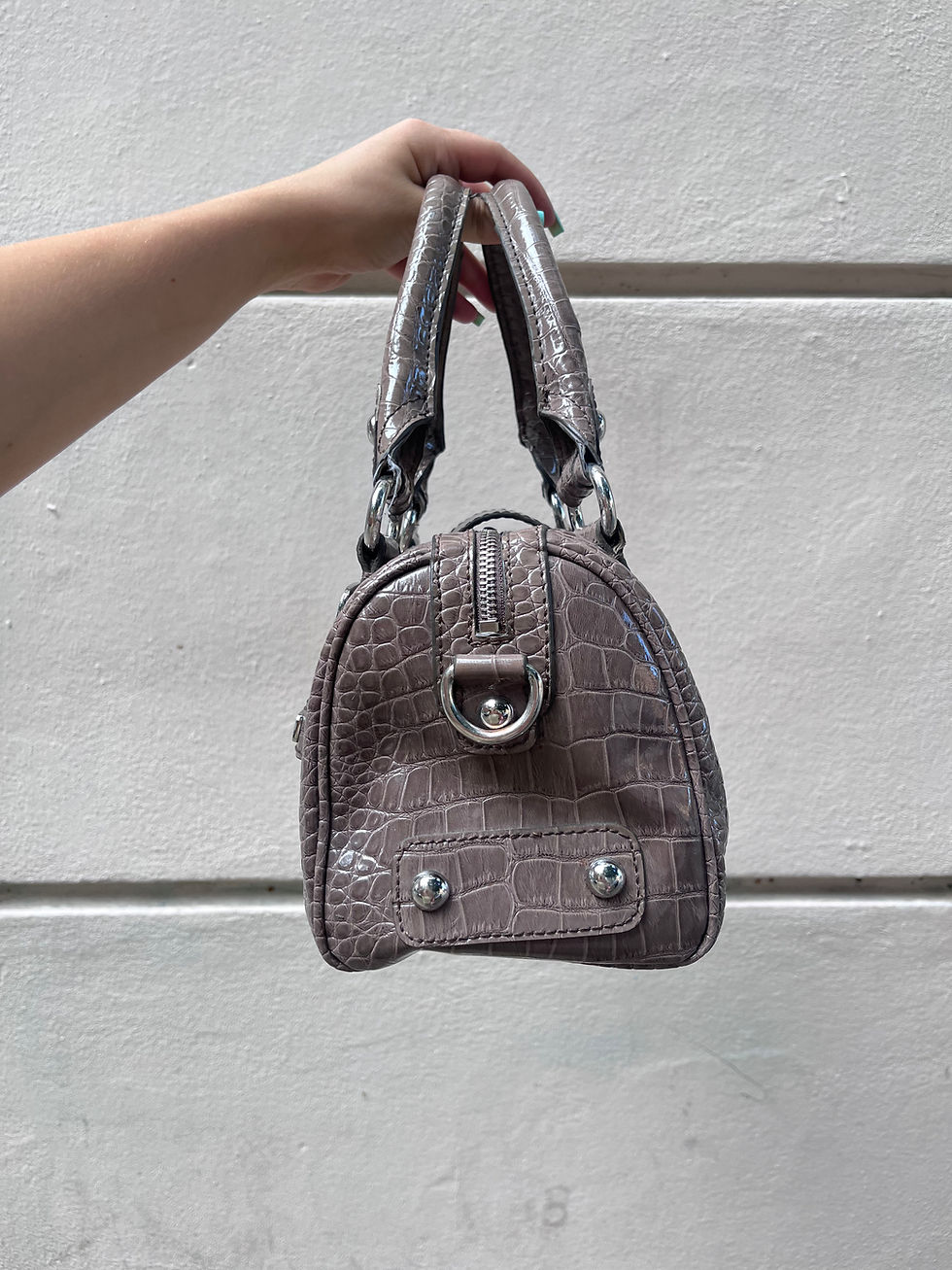 Thumbnail: GUESS G BUCKLE CROC SATCHEL BEIGE/GREY