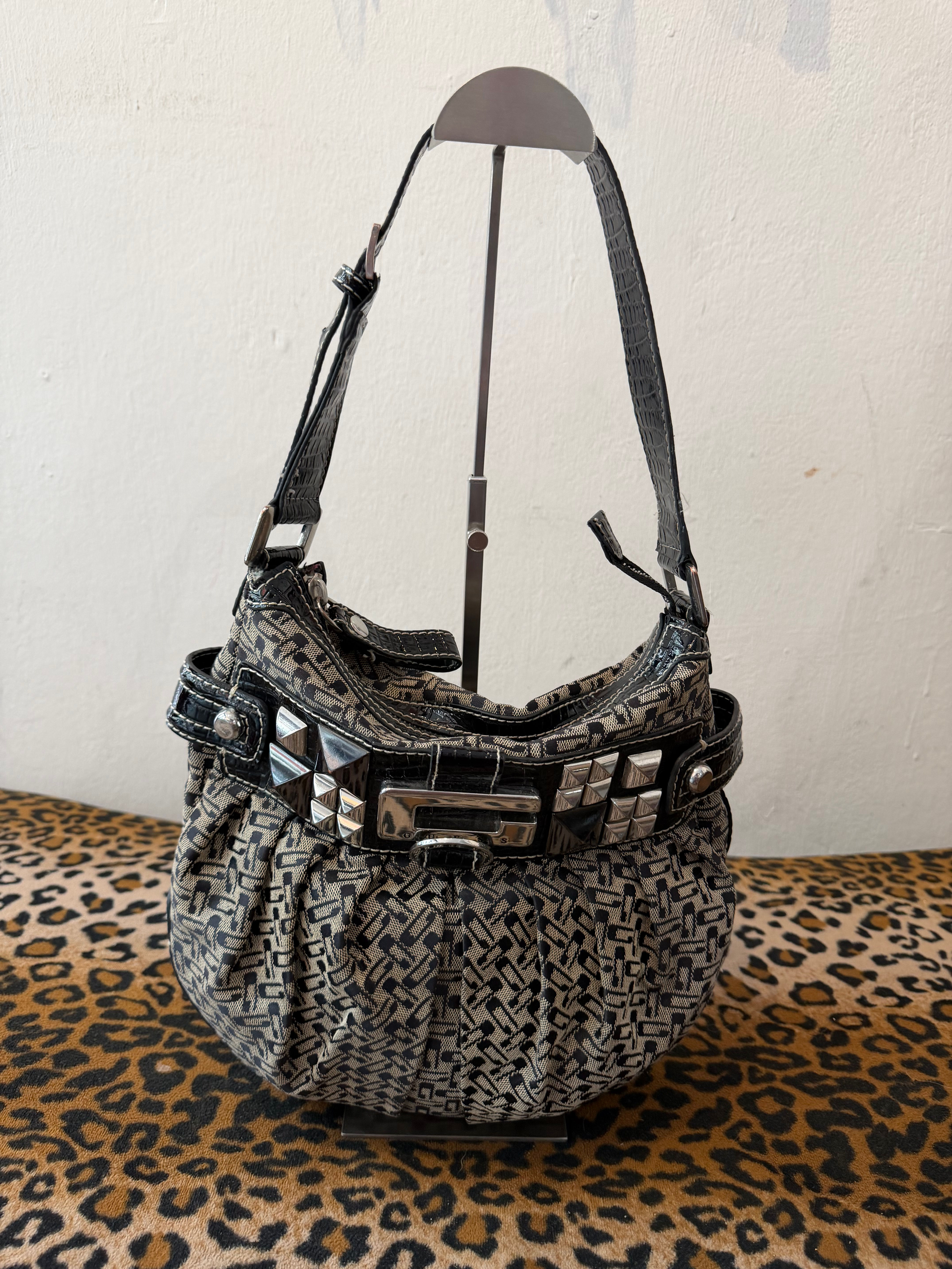 GUESS MONOGRAM STUDDED SHOULDER BAG 