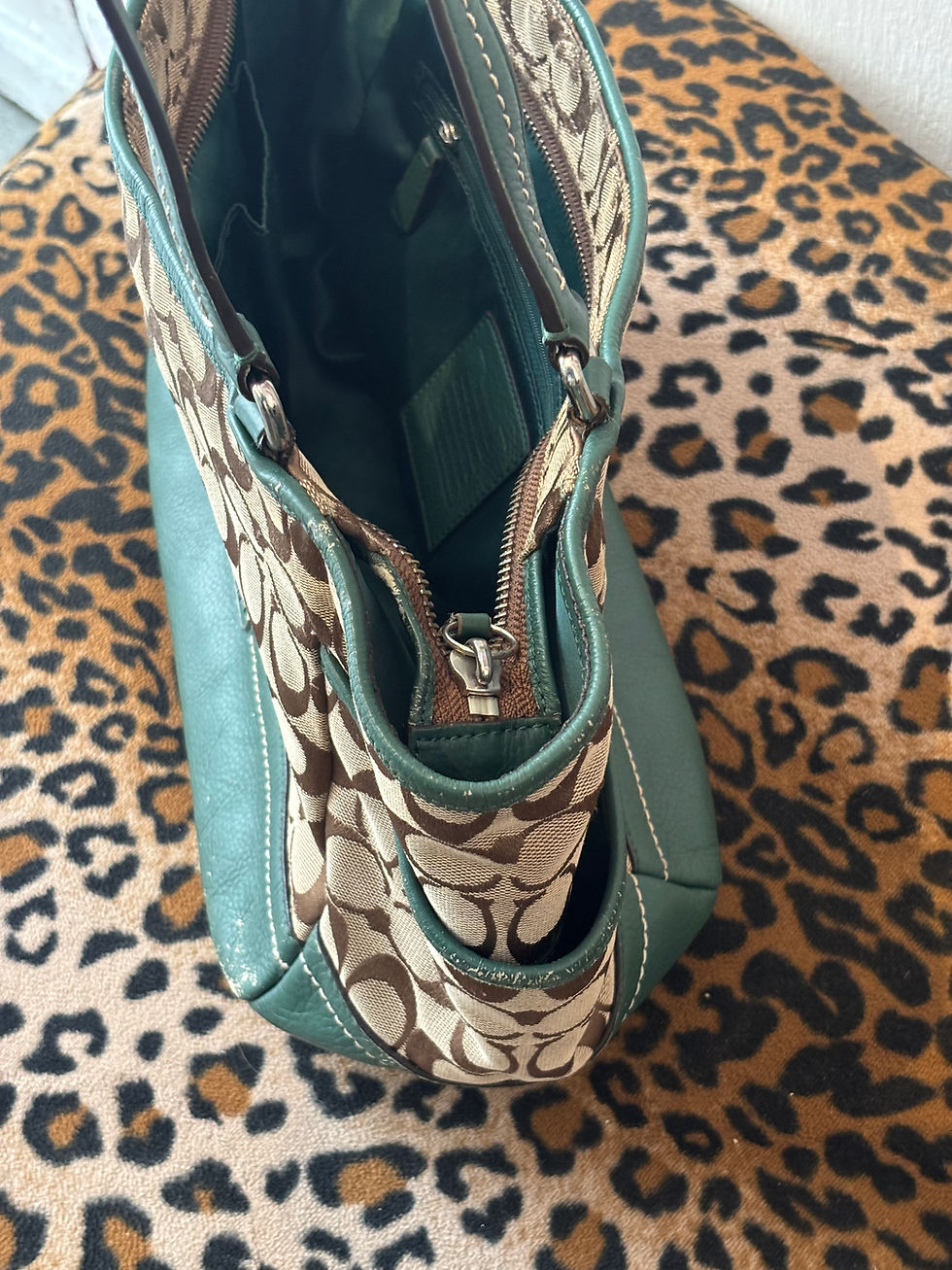 Thumbnail: COACH VINTAGE MONOGRAM BAG BEIGE WITH GREEN LEATHER DETAILS