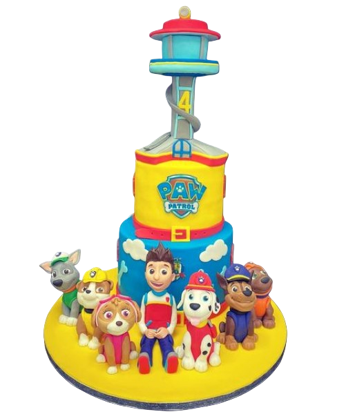 A cute Paw Patrol themed cake featuring lots of dogs and a tower for a fun and festive celebration. Perfect for fans of the popular children's cartoon.