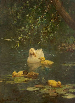 Constant Artz 1870-1951 Duck and ducklings in a forest pond _ Renaissance art paintings, R