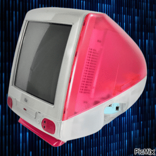 Strawberry color scheme iMac G3 on a blue Matrix rain background