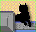 A black cat taps its paws very fast on a computer keyboard against a yellow checkerboard background