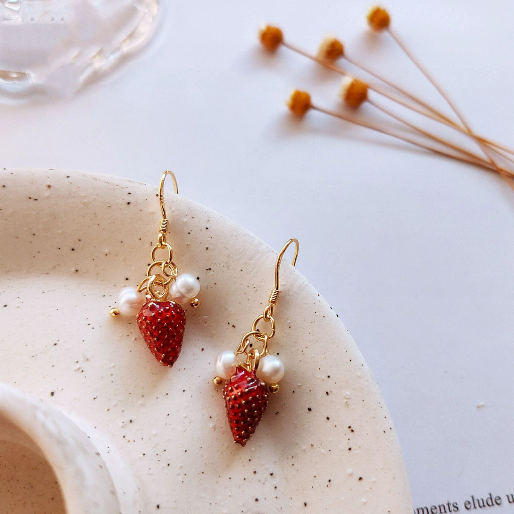 Erdbeere Hängeohrringe/Drop S925 Silber Zirkon Glasur Sommer Natur Obst Schmuck