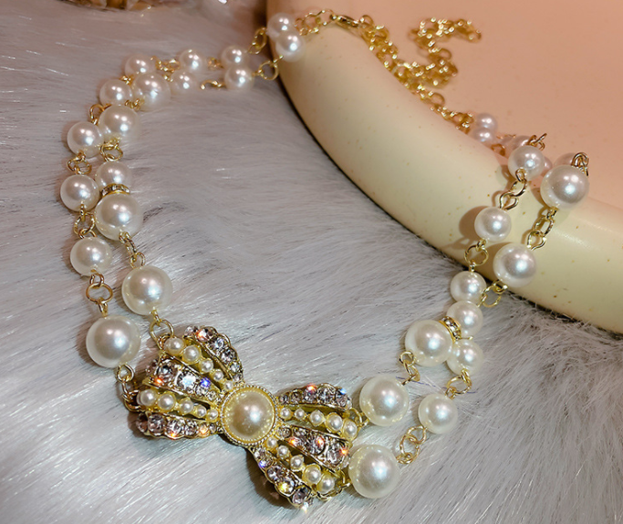 Miniaturbild: Schleife Krystal Perlen Halskette CHOCKER Romantisch Modern Schmuck vergoldet