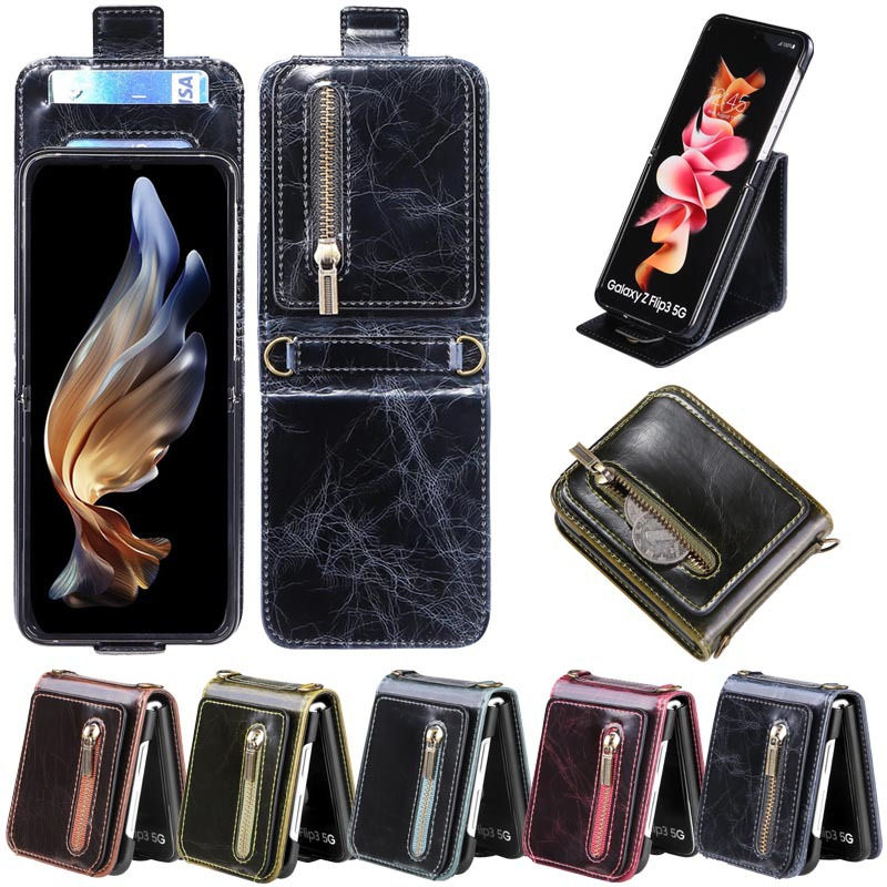 Multifunktion Echtleder Handyhülle Samsung Z Flip 3 5G Etuis Schutzfolie