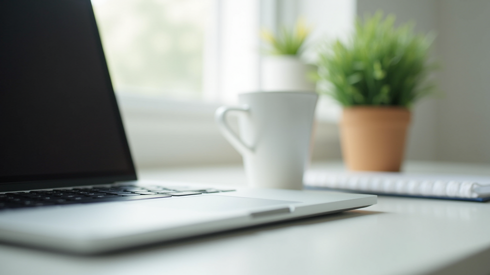 Eye-level view of a minimalist workspace with a laptop and a plant