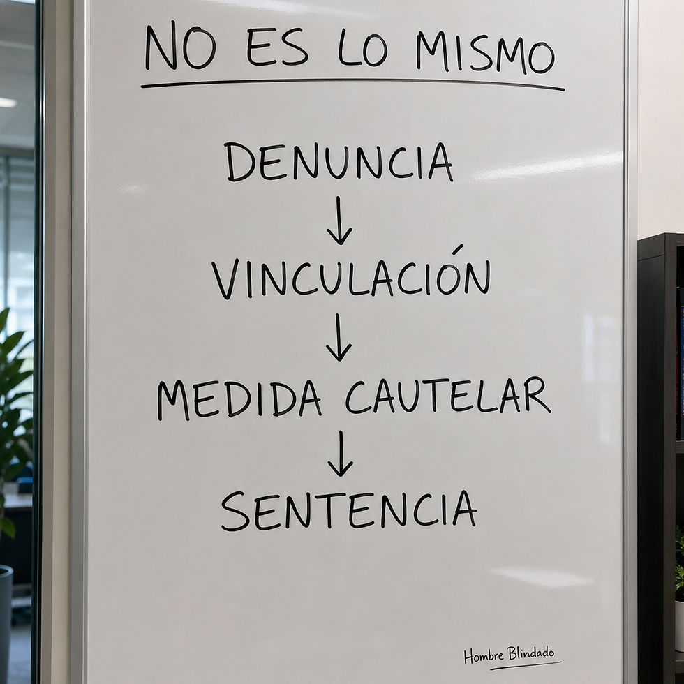 Pizarrón de Hombre Blindado para distinguir denuncia, resolución, vinculación y otros actos procesales antes de sacar conclusiones.