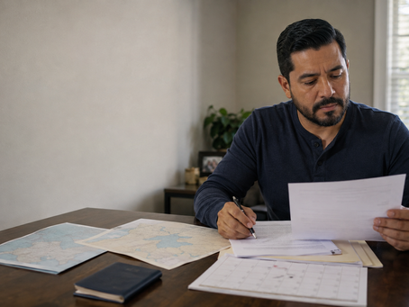 Padre revisa mapas, calendario y expediente para preparar una custodia internacional