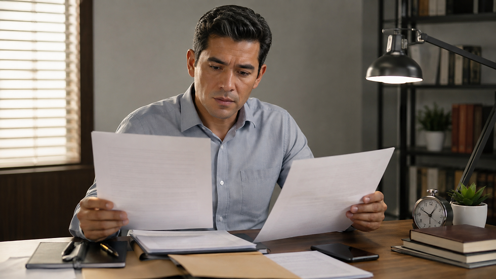 Hombre compara documentos y propuestas antes de elegir representación para su divorcio