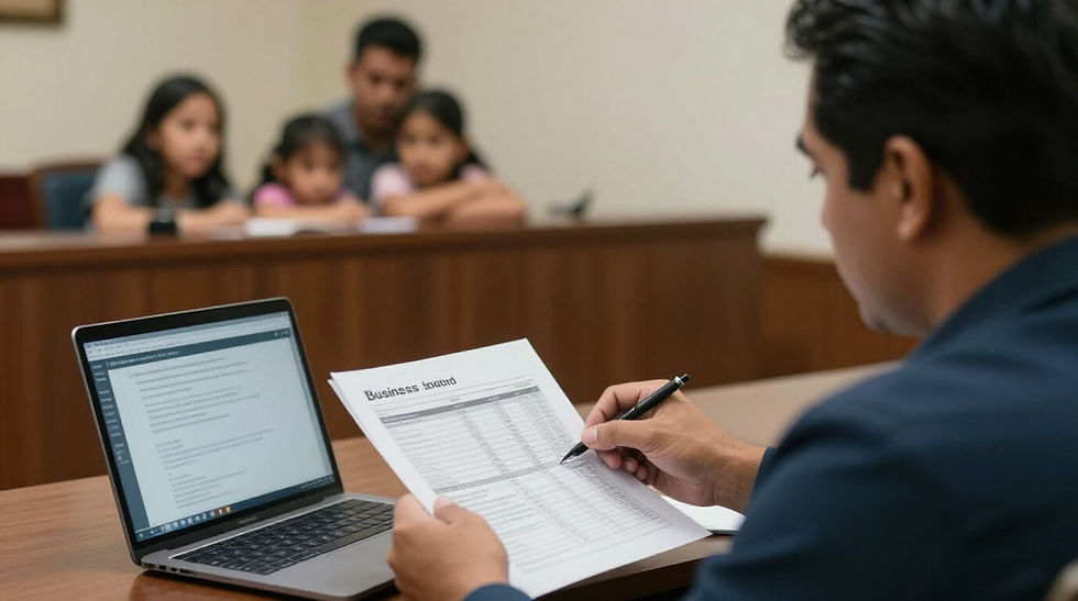 Padre trabajador independiente organizando ingresos y gastos para un asunto de pensión alimenticia