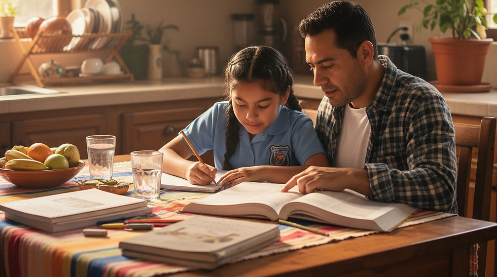 Padre haciendo tarea con su hijo como muestra de participación cotidiana en el cuidado