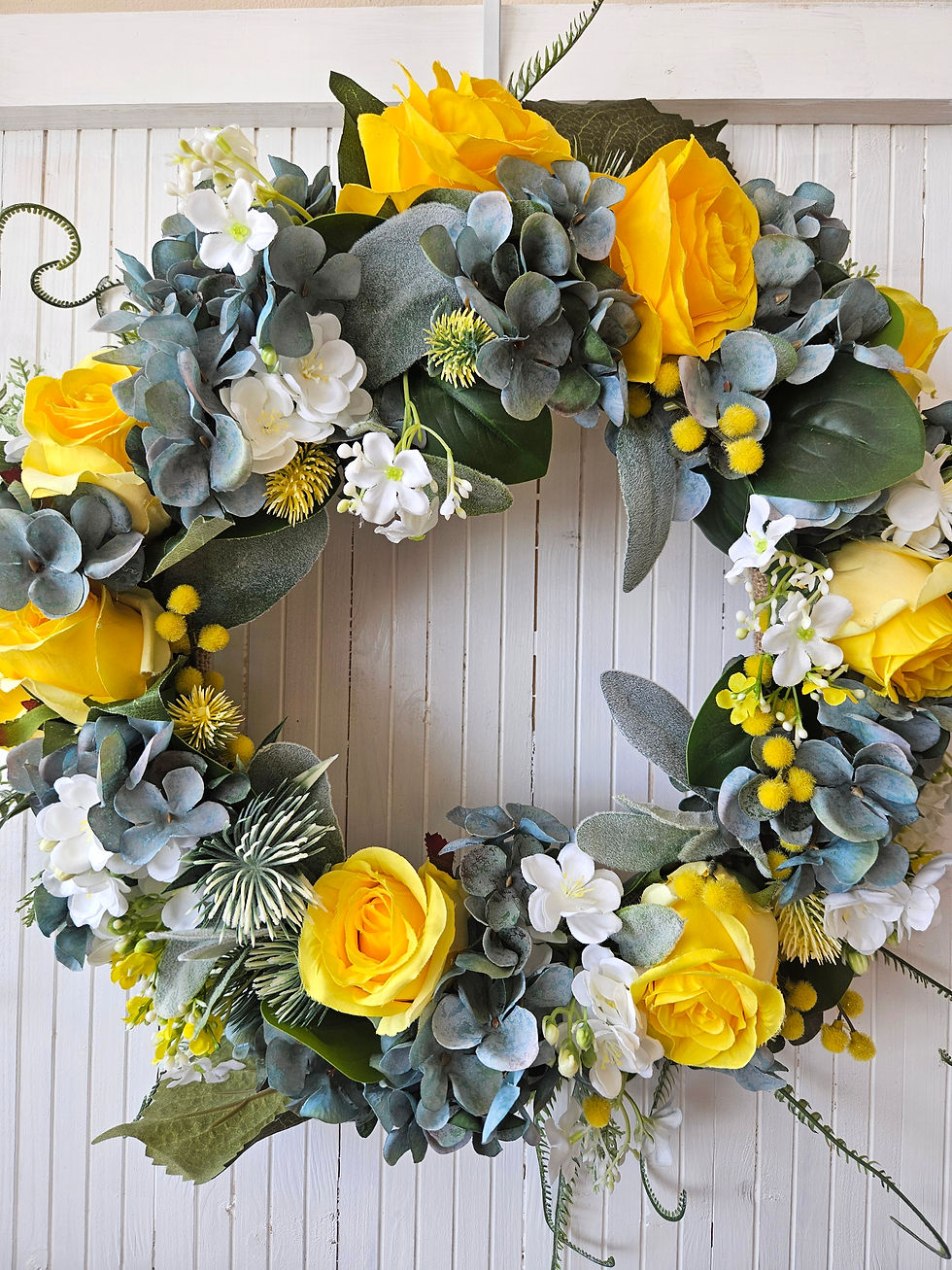 Thumbnail: 'FLORA' - Blue Hydrangea + Yellow Rose Wreath. IN STOCK - FREE UK P+P
