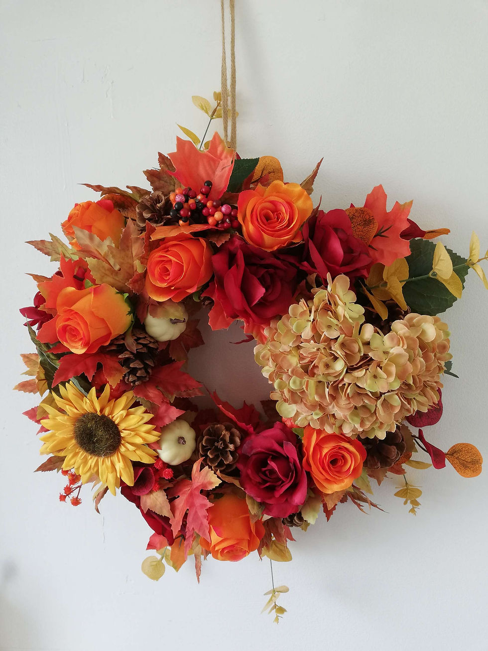 Thumbnail: Sunflower, Rose, Hydrangea Autumn Wreath - SOLD