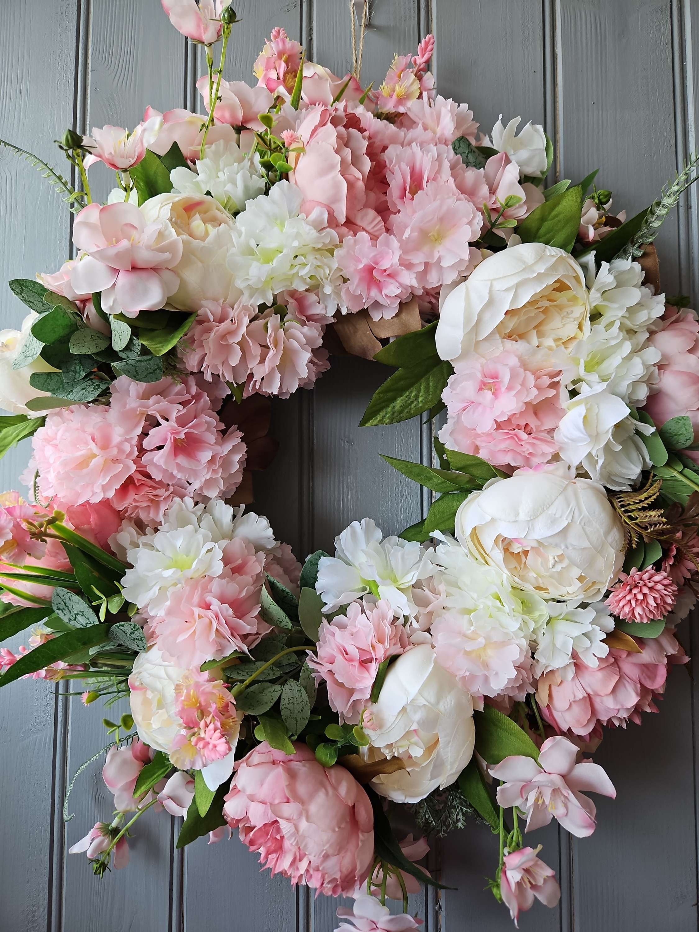 Pink / White Full Peony and Blossom Door Wreath. 'Sophia' READY - FREE UK P+P