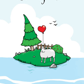 Card showing a sheep on a small island. With a balloon.