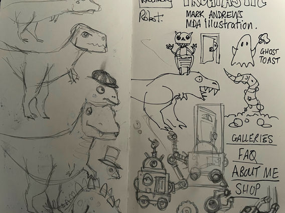 Sketchbook pages showing a number of very rough sketch ideas, some of which are little more than rudimentary shapes.