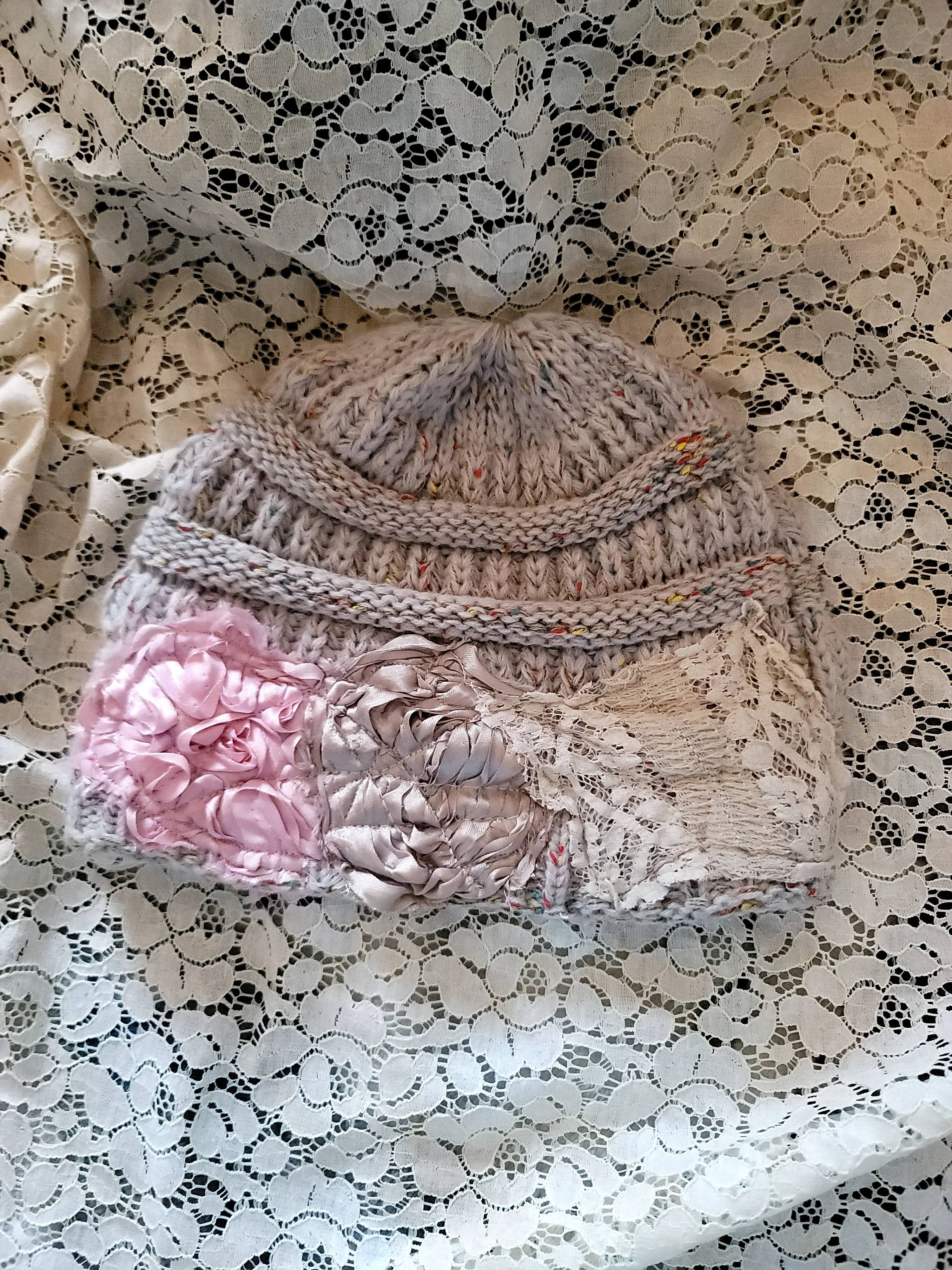 Adult beanie with handmade flowers